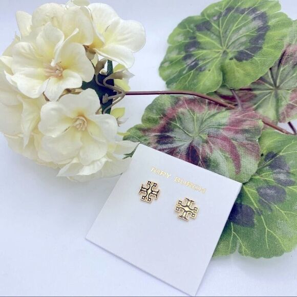 NWOT Tory Burch Gold Logo, Black Outline Kira Stud Earrings - Picture 7 of 11